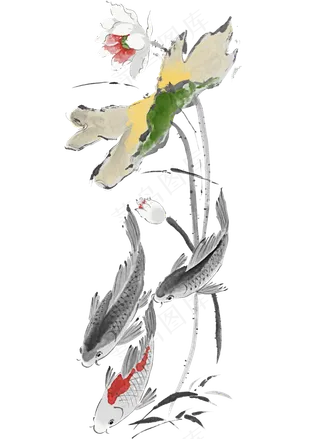 古风古典复古水墨墨迹鲤鱼锦鲤金鱼鱼类PNG免扣透明美工