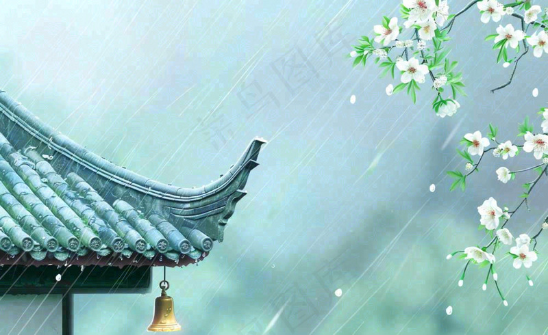 古风手绘雨插画下雨天的屋檐谷雨雨水插画背景(1408x864)
