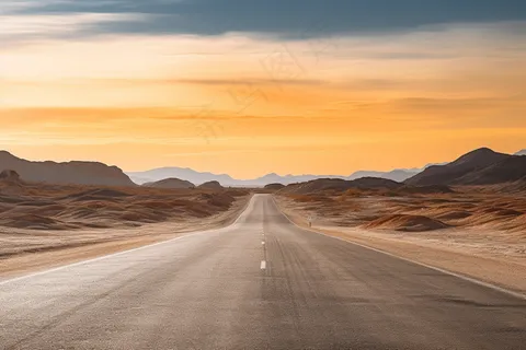 延绵的公路夕阳落日余晖晚霞摄影图