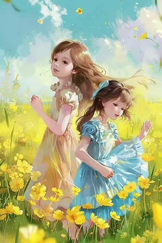 春天花海里玩耍的少女们蝴蝶插画背景