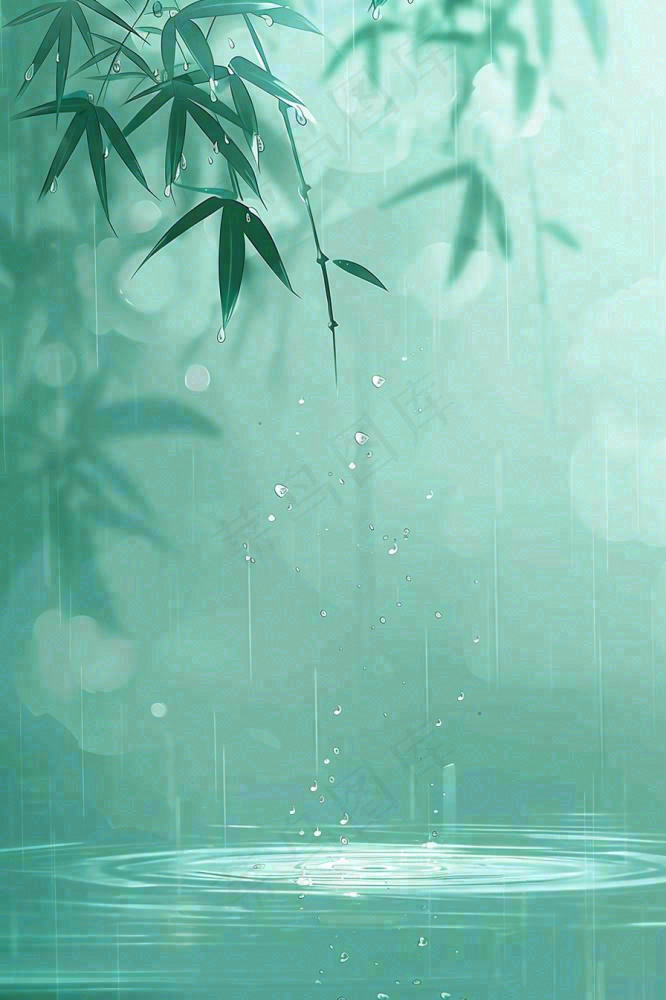 雨天雨水打在竹叶上掉落在水面上泛起涟漪雨水谷雨端午清明插画背景(896x1344)