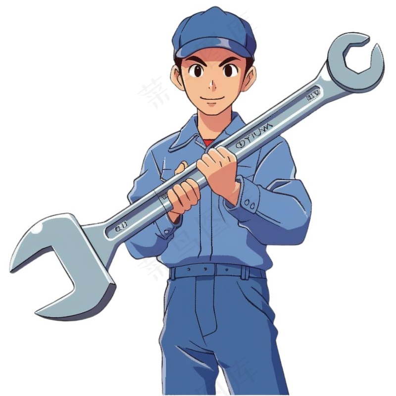 工人工具扳手维修工人劳动五一卡通插画免抠(1024x1024)