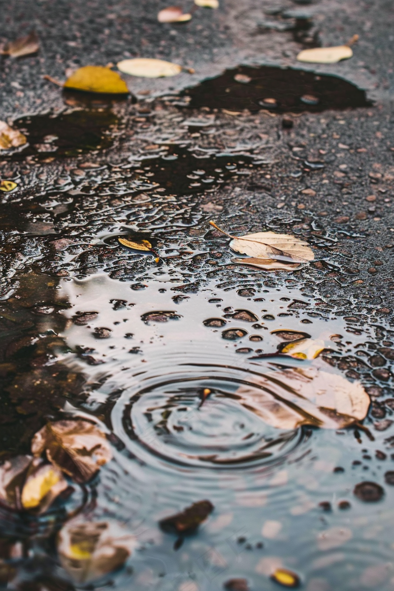 金秋下雨天的路面水洼落叶摄影图(2688x4032)