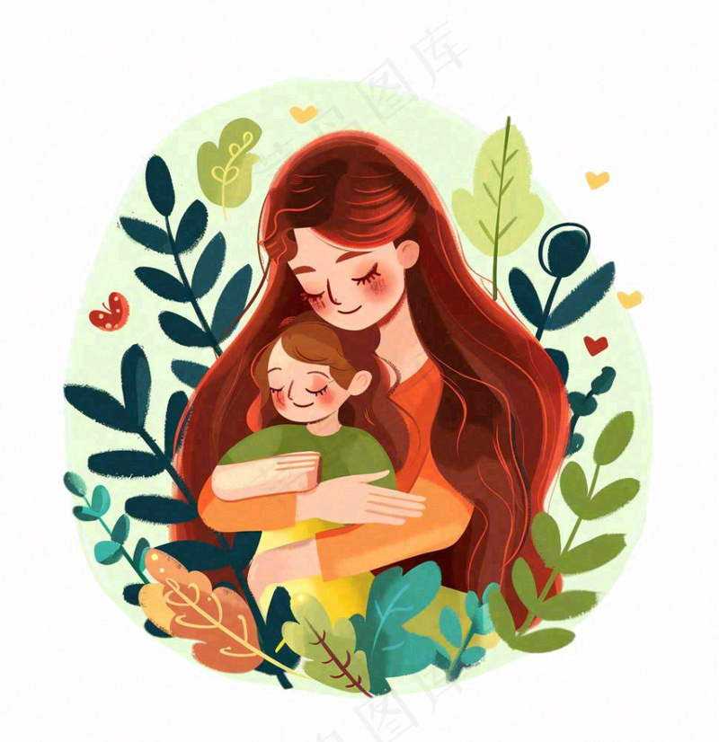 妈妈抱着孩子母亲花草环抱亲情卡通插画免抠