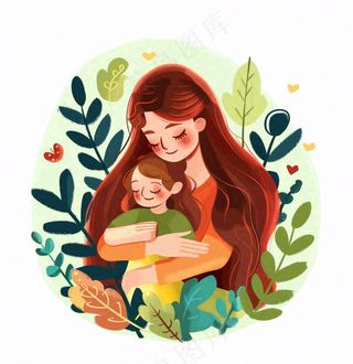 妈妈抱着孩子母亲花草环抱亲情卡通插画免抠