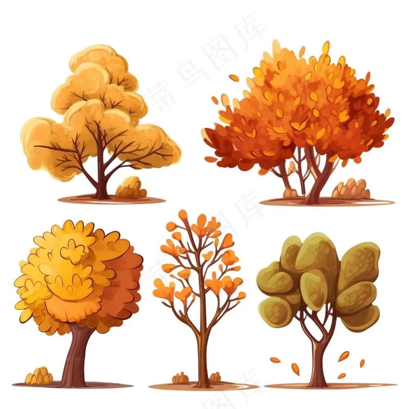 秋天黄了树木卡通插画元素免抠(1024x1024)