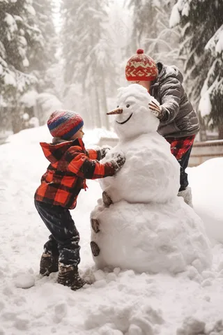 冬季雪地堆雪人的孩子大雪纷飞摄影图