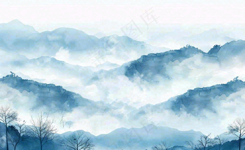 中国风水墨山水画青山山峦叠嶂云雾清明端午寒露古风插画背景(1408x864)