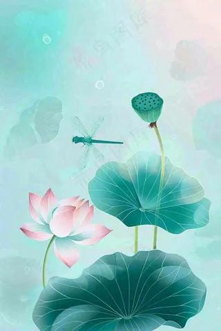 夏天小清新荷花荷叶静雅弥散风绿粉色蜻蜓立夏夏至处暑插画背景