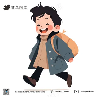手绘开学季背书包男孩插画素材