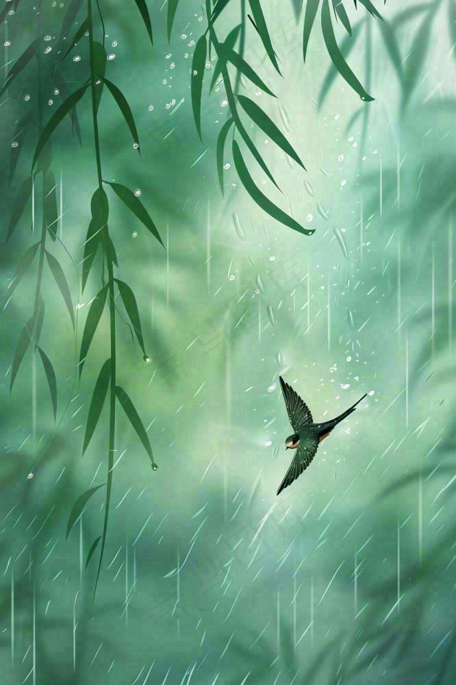 绿色简约小清新柳树雨天燕子雨水谷雨插画背景(896x1344)
