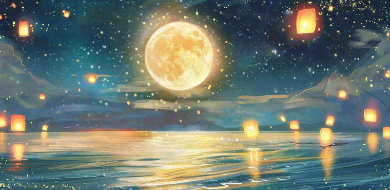 月亮中秋节河灯中元节风景唯美插画背景