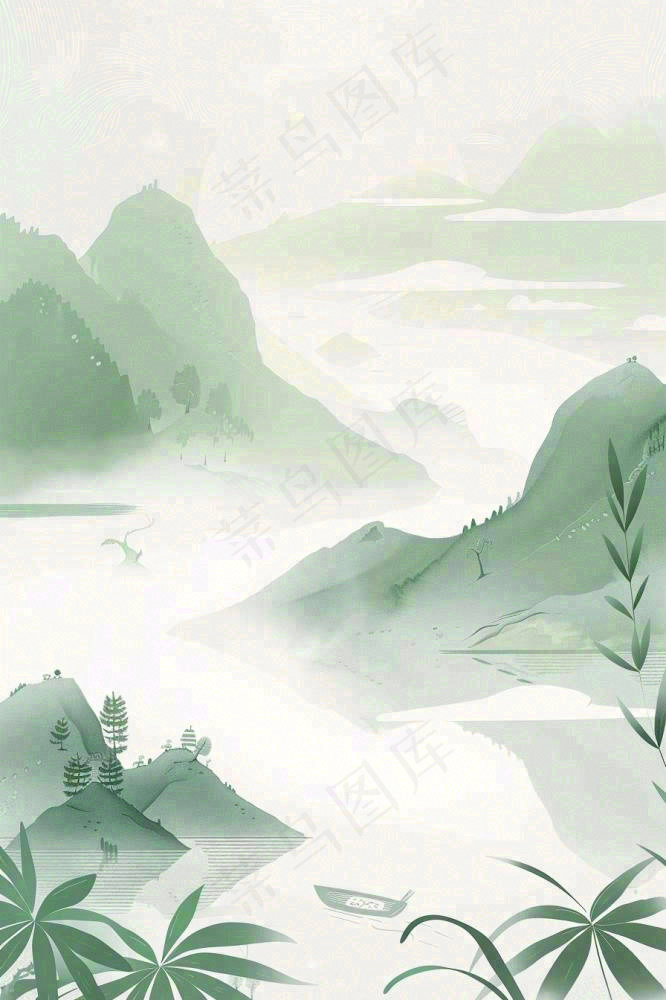 水墨画山水小船绿水青山清明端午插画背景(896x1344)