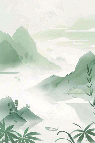 水墨画山水小船绿水青山清明端午插画背景