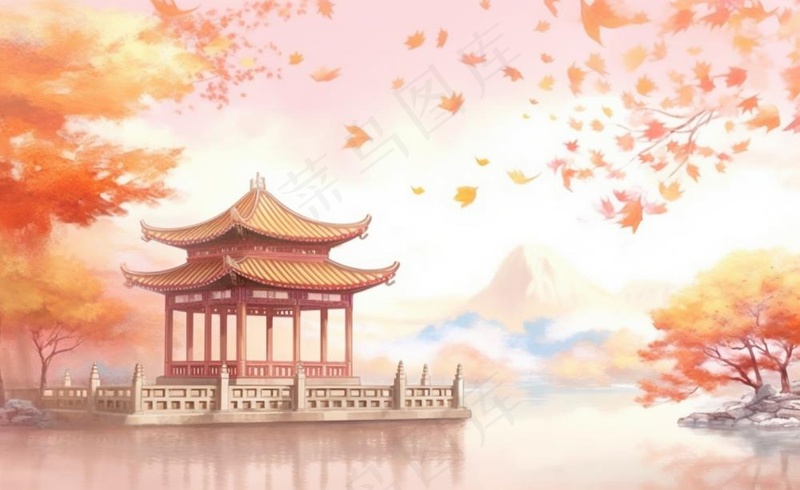 秋季枫叶晚亭山水湖面倒影美景中国风水墨画插画背景(1408x864)