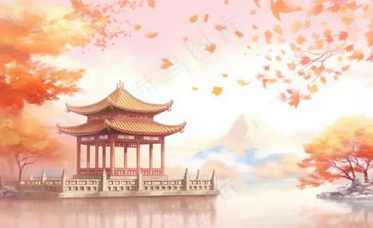 秋季枫叶晚亭山水湖面倒影美景中国风水墨画插画背景