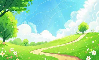 春日风景草地蓝天白云背景立春春分节气绿色卡通插画背景