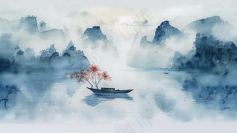 水墨山水画小船河面山川连绵国画插画背景(4368x2448)