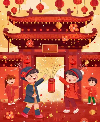 新年热闹儿童在家门口放烟花春节喜庆庆祝春节小年除夕夜元宵卡通插画背景