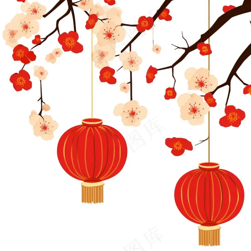 梅花红灯笼新春节日卡通插画免抠(1024x1024)