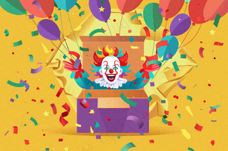 小丑搞怪马戏团游乐园愚人节气球彩带庆祝卡通插画背景