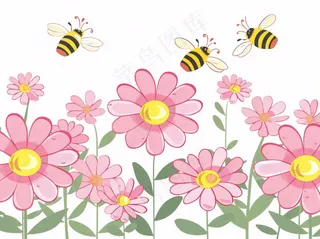粉色花朵花丛采蜜的蜜蜂昆虫卡通插画免抠