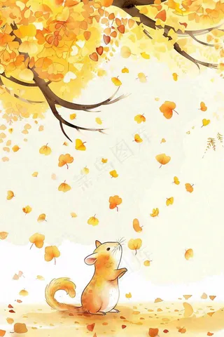 秋天银杏树下的松树秋意金黄色立秋秋分白露唯美插画背景