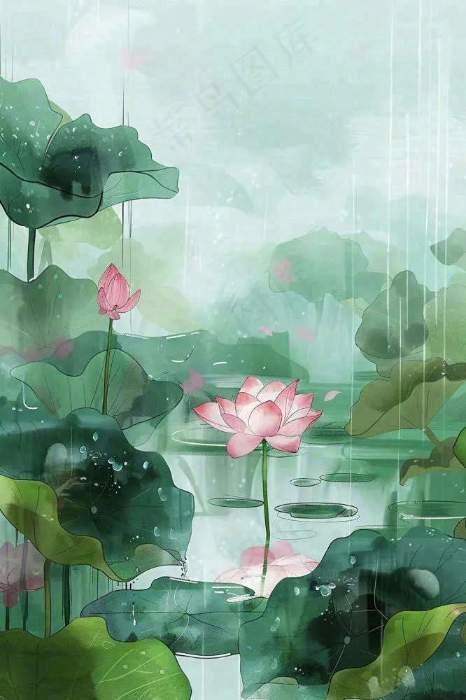 夏天雨季池塘荷花荷叶凄冷大暑处暑插画背景(896x1344)