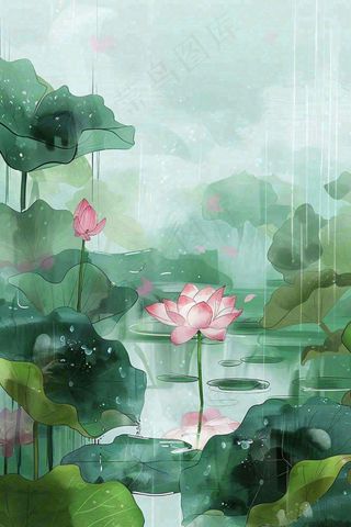 夏天雨季池塘荷花荷叶凄冷大暑处暑插画背景