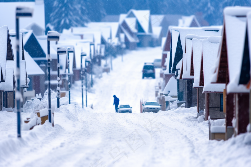 a person walking down a snow covered street, a tilt shift photo by Gabor Szikszai, shutterstock, fine art, cold snowy, cold snow outside, winter in the snow 