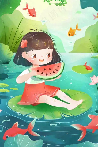 夏天荷花莲花池塘女孩吃西瓜坐着荷叶上唯美清凉立夏夏至卡通插画背景