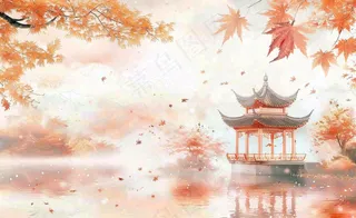 秋天红色枫叶江南水乡凉亭水墨画古风插画背景