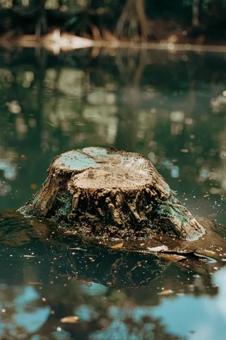 水池中的木头桩子雨季摄影图