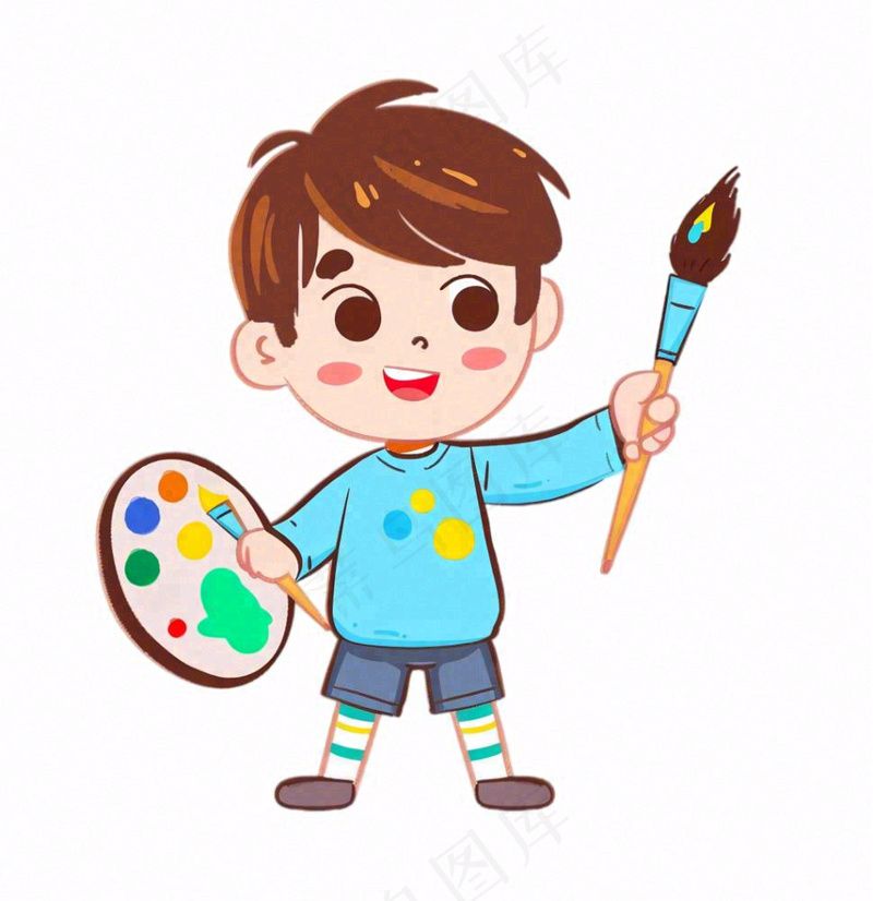 画画美术拿着颜料盘画笔的男孩学生人物卡通插画免抠(1024x1056)