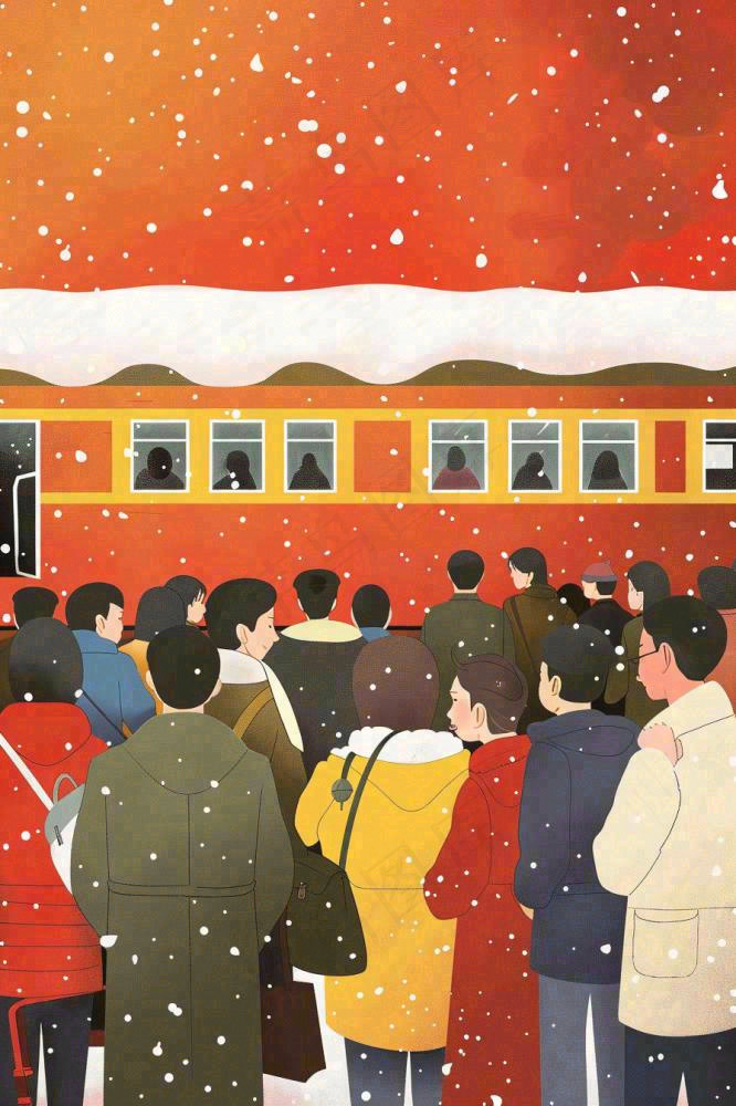 新年春节春运高铁火车回家过年卡通插画背景(896x1344)