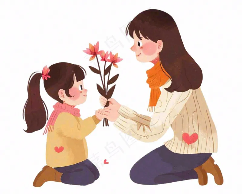 母亲节送花母女妈妈亲情人物卡通插画免抠(1200x960)