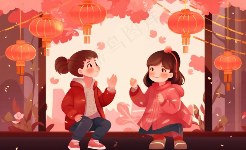 新年张灯结彩孩子们玩乐喜庆红色氛围庆祝卡通插画背景(1408x864)