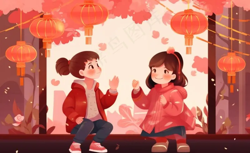 新年张灯结彩孩子们玩乐喜庆红色氛围庆祝卡通插画背景(1408x864)