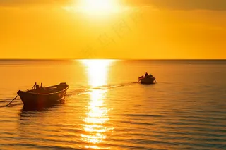 夕阳落日下的海洋湖面小船余晖倒影摄影图