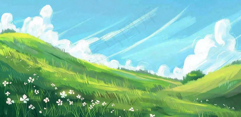立春 春天背景立春 春天插画春天唯美天空蓝天白云草地手绘风景插画背景(1568x768)