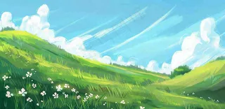 立春 春天背景立春 春天插画春天唯美天空蓝天白云草地手绘风景插画背景