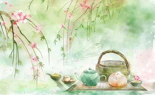 春天桃花春茶茶壶燕子清明山水国画中国风水墨插画背景茶文化采茶