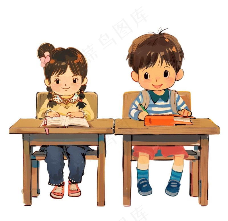 学生们坐着课桌上学习交流写作业卡通插画免抠(1056x1024)