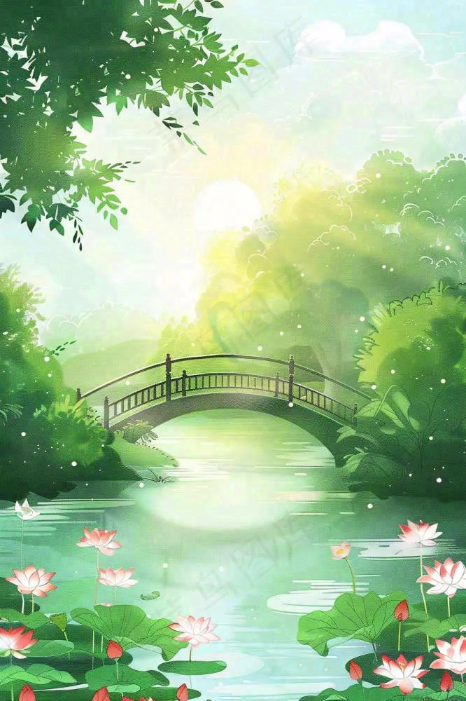 春夏绿意风景小清新荷花池塘拱桥绿荫阳光惊蛰春分立夏夏至水彩插画背景(896x1344)