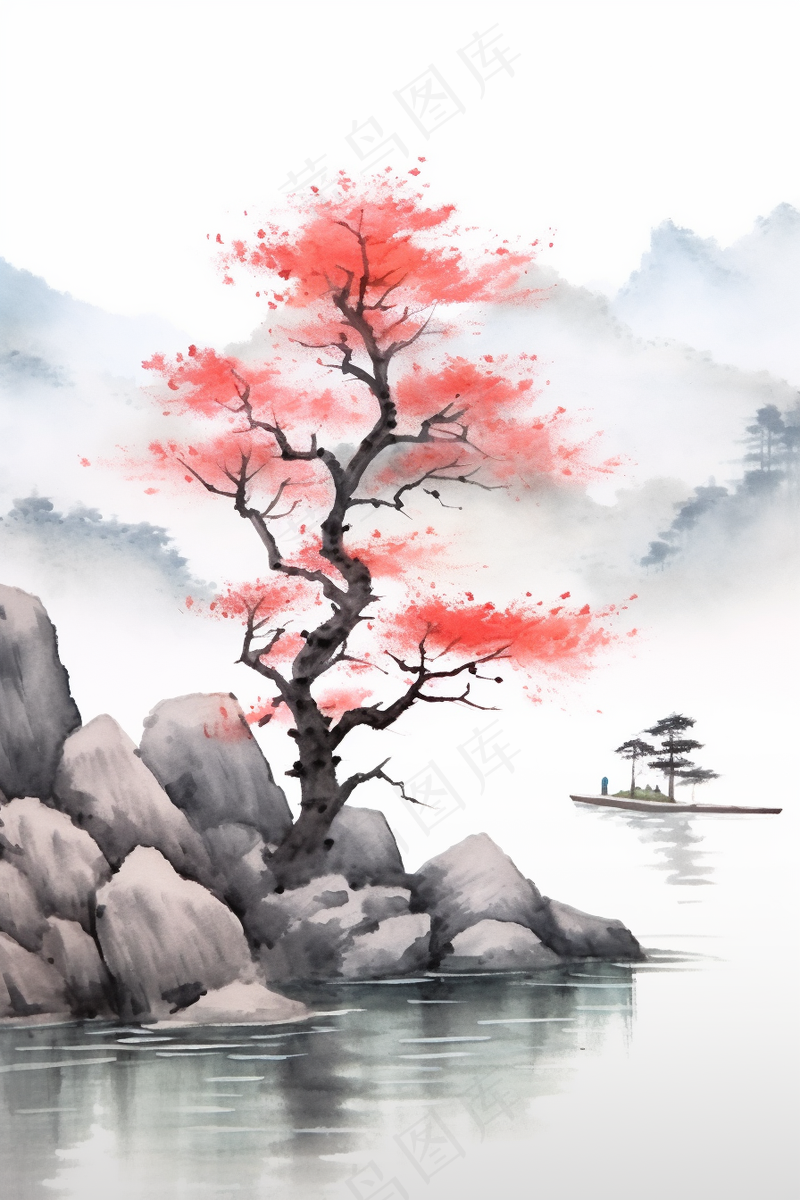 国风山水画河流花草国画水墨画素材背景(2688x4032)