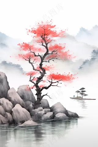 国风山水画河流花草国画水墨画素材背景