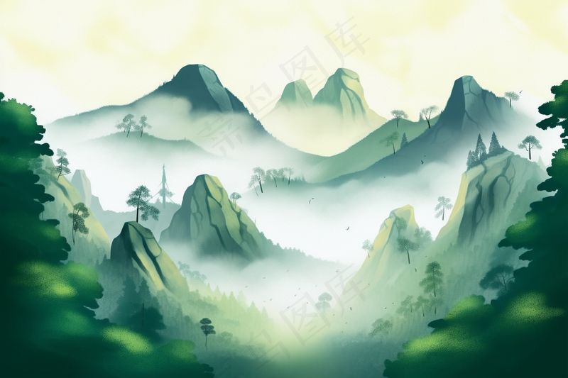 国风山川河流山水画青山绿水插画背景(4032x2688)