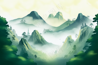 国风山川河流山水画青山绿水插画背景