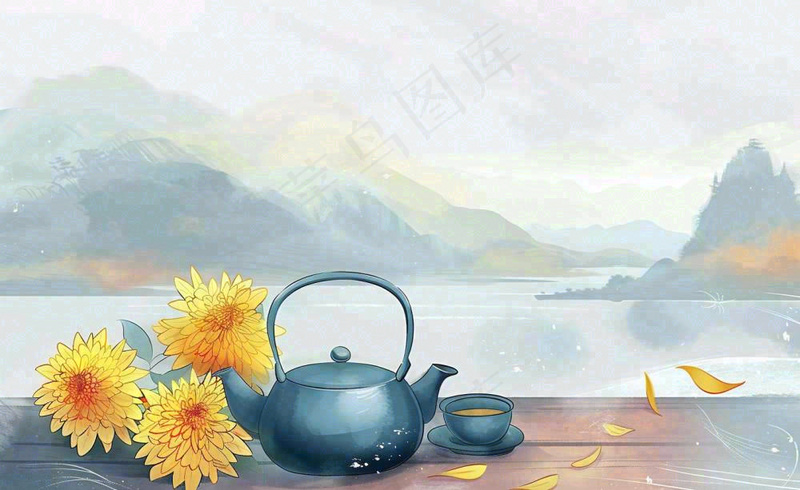 中国山水水墨画菊花饮茶重阳清明寒露插画背景(1408x864)