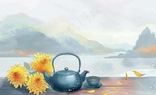 中国山水水墨画菊花饮茶重阳清明寒露插画背景